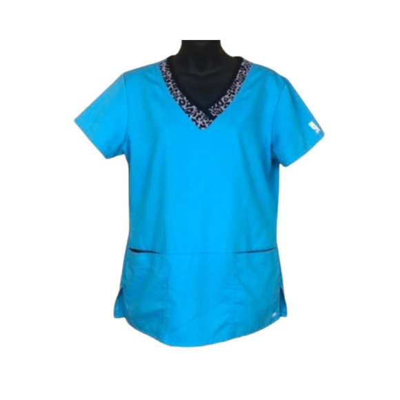 Gray's Anatomy Turquoise Scrub Top‎ Leopard Trim V-Neck Short Sleeve  Size M - Picture 1 of 10